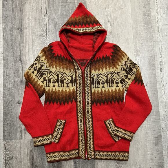 Vintage Alpaca Wool Peruvian Knit Hoodie Red Full Zip Fuzzy Hooded Sweater Sz M - Picture 1 of 4